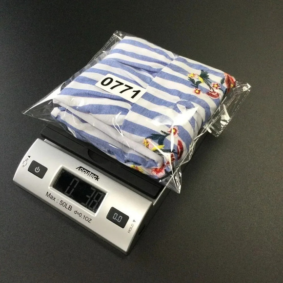 Womens Blue White Striped Floral Embroidered Ruffle Sleeve Peplum Blouse Small - Picture 8 of 9